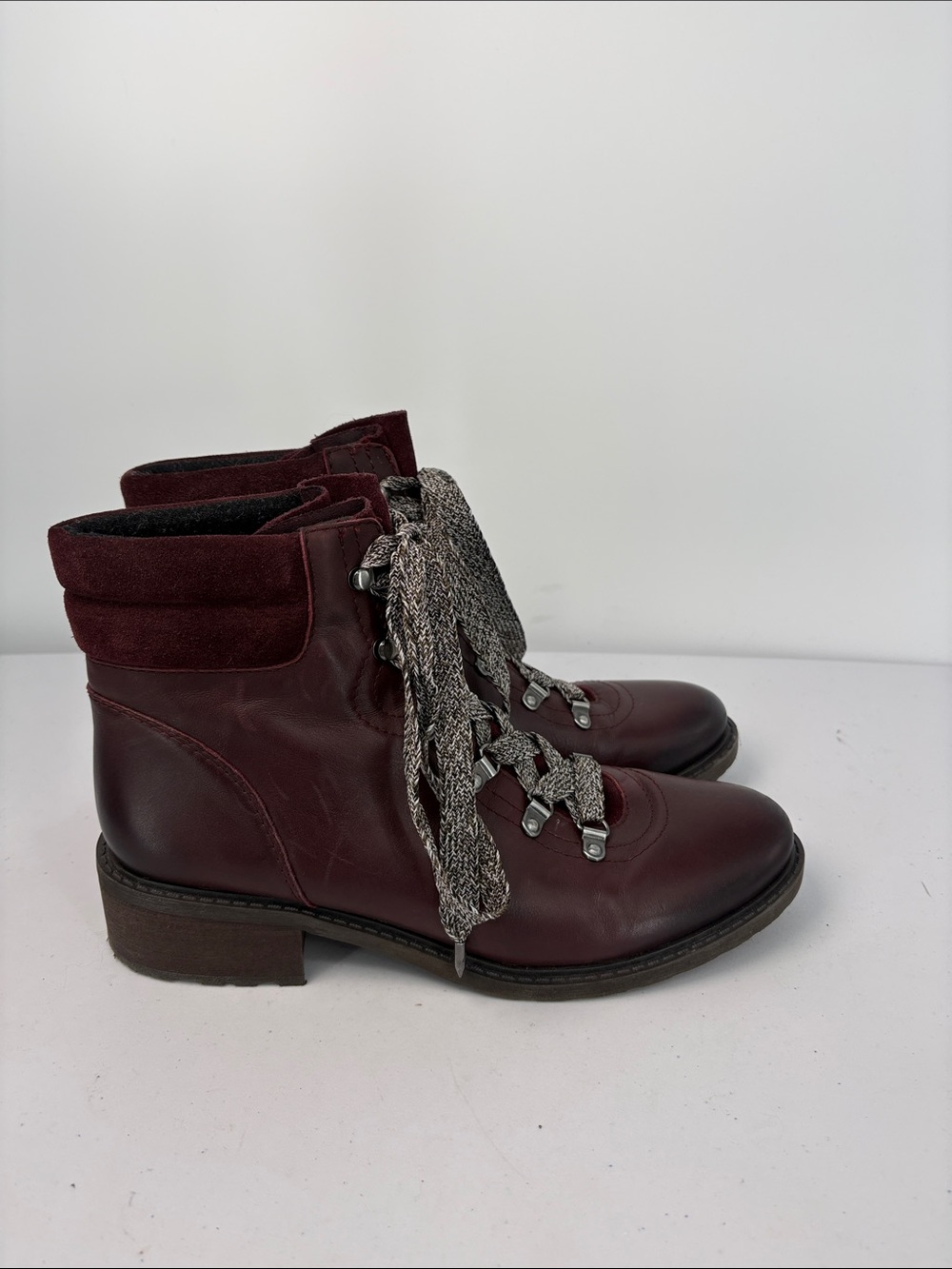 🪃 Sam Edelman Burgundy Lace-Up Leather Ankle Boots hiking - Picture 3 of 7